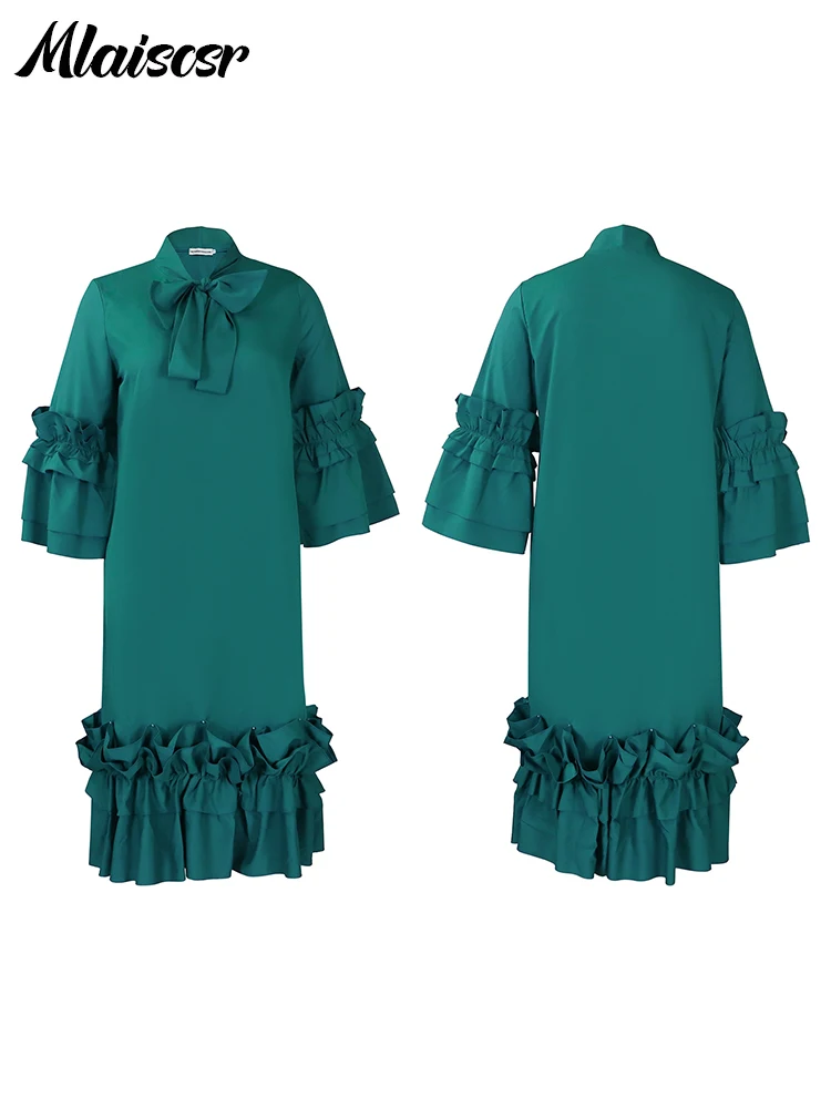Mlaiscsr новое прямое зеленое платье средней длины с воротником-бабочкой и оборками
