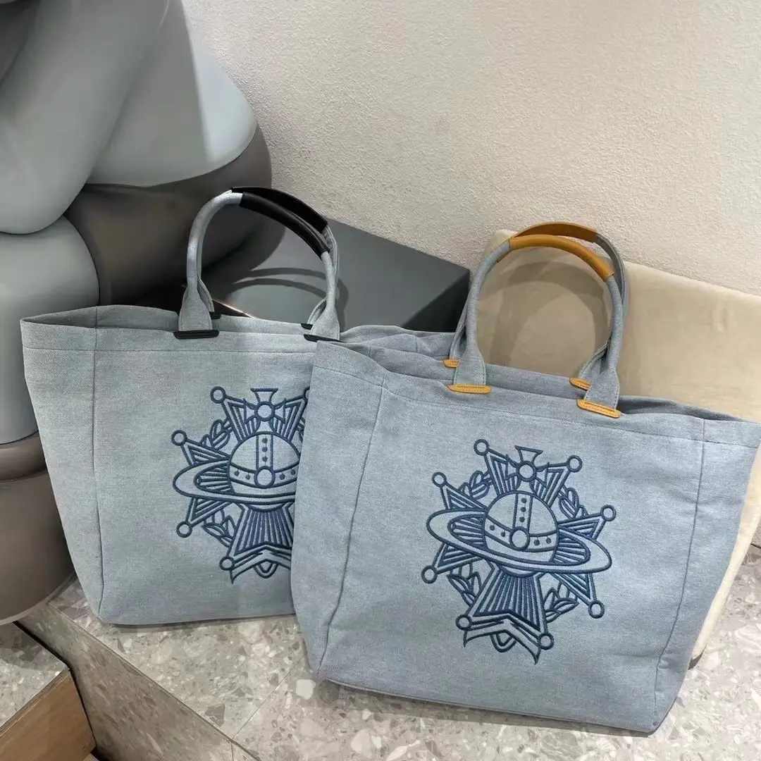 

New Saturn shopping bag denim embroidered canvas bag lady tote tote tote bag simple and versatile bag