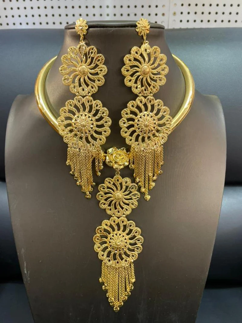 

Nigerian Jewelry Set With Big Earring Square Shape Tassels African Dubai Golden Long Earrings Pendant Fashion Jewellery Set