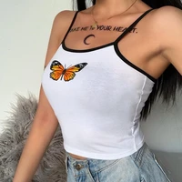sexy butterfly print white crop tops summer woman contrast backless slim tank tops clubwear party harajuku sweet girl camisole