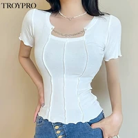 troypro 2022 new summer korean style hot girl high waist slim short sleeved womens t shirt solid color square collar short top