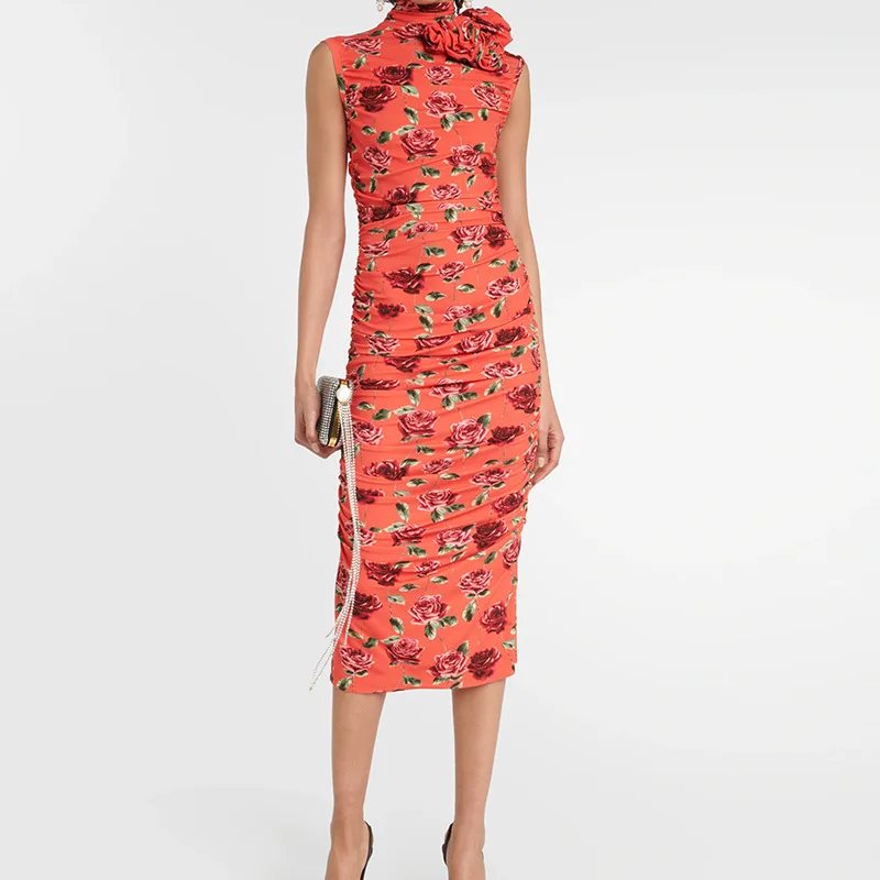 

Женское объемное платье без рукавов, длинное платье с трехмерным цветочным принтом и круглым вырезом, привлекательное и элегантное платье с оборками в виде роз