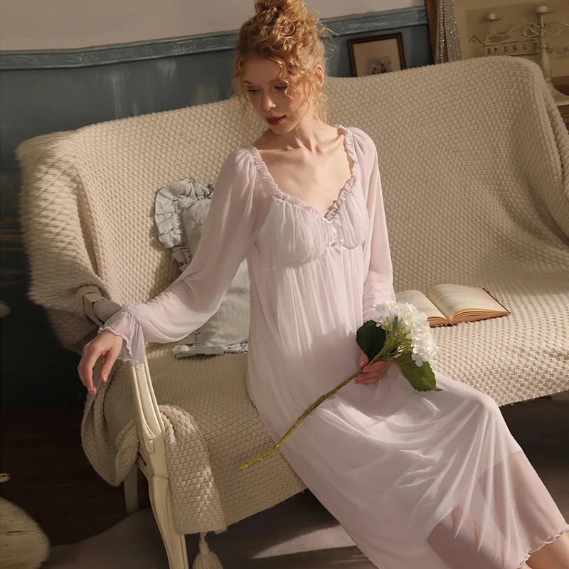 Women's Spring Autumn Noble Elegant  with Chest Pad Gauze Modal  Nightgowns Sleepshirts Comfort Sleepwear Pajamas