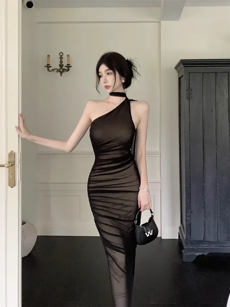 ogę eleganckie sukienki damskie bez rękawów ukośny kołnierzyk seksowna bandażowa siateczkowa patchworkowa marszczona sukienka na imprezę