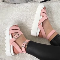 new women buckle platform sandals woman pu leather solid flat shoes female rome ladies summer beach casual big size footwear