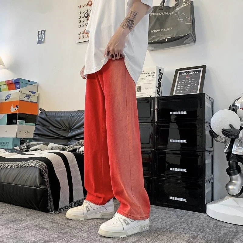 Summer Red Jeans Men Fashion Casual Straight Jeans Men Harajuku Streetwear Hip Hop Loose Denim Pants Mens Trousers S-3XL