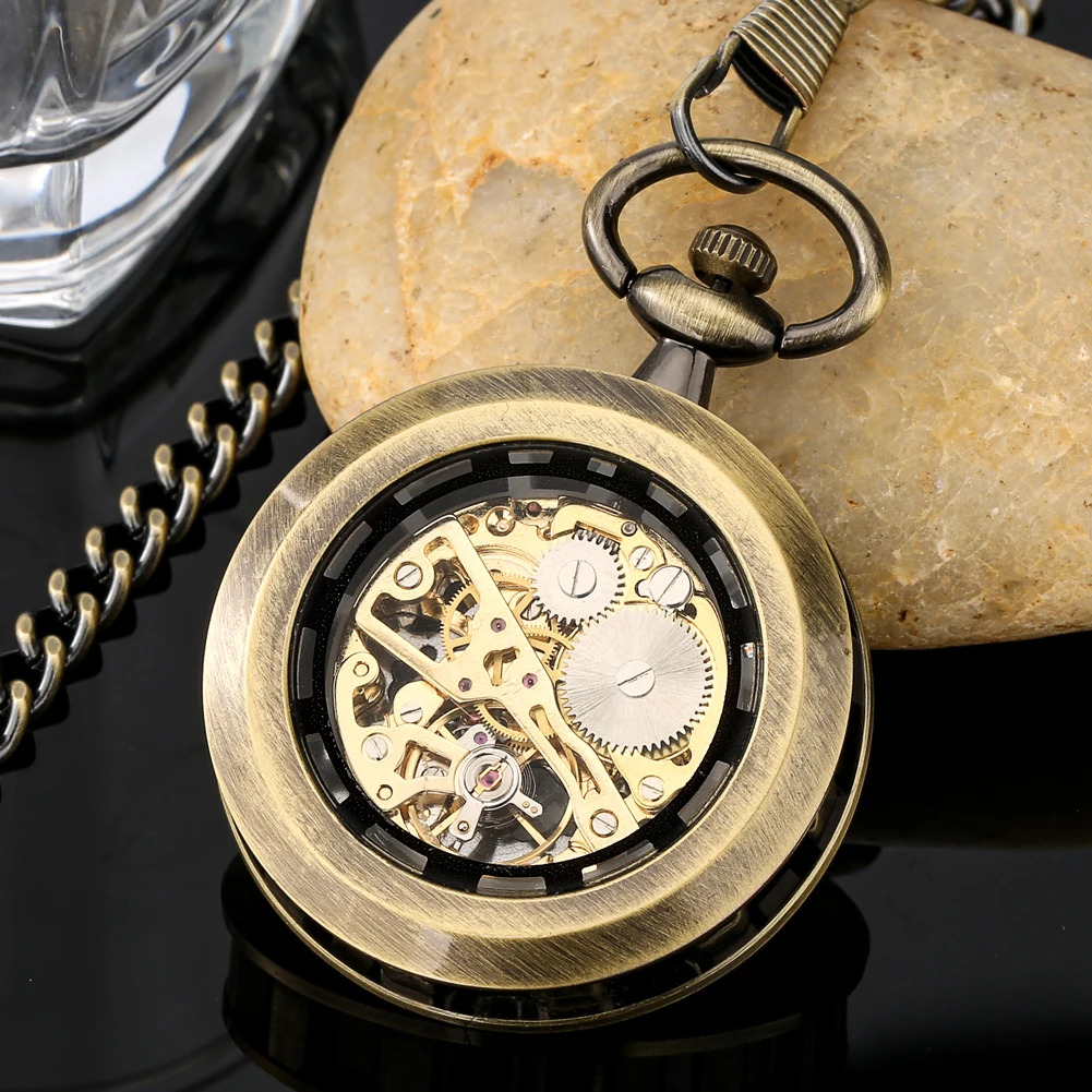 Hand-Wind Mechanical Pocket Watch Skeleton Roman Numeral Dial Vintage Black/Bronze/Silver Pendant Clock for Men Birthday Gifts