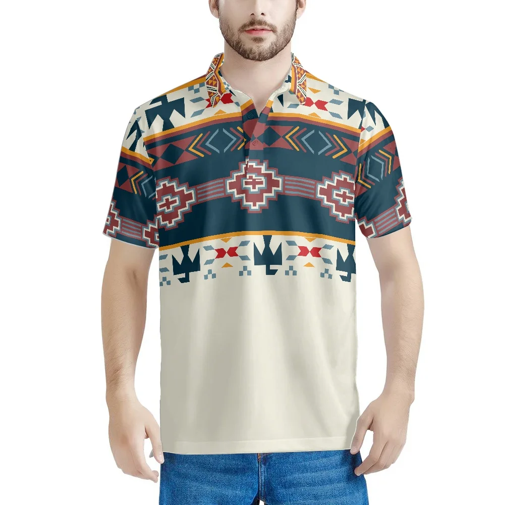 

Мужская летняя футболка-поло с коротким рукавом и принтом в этническом стиле