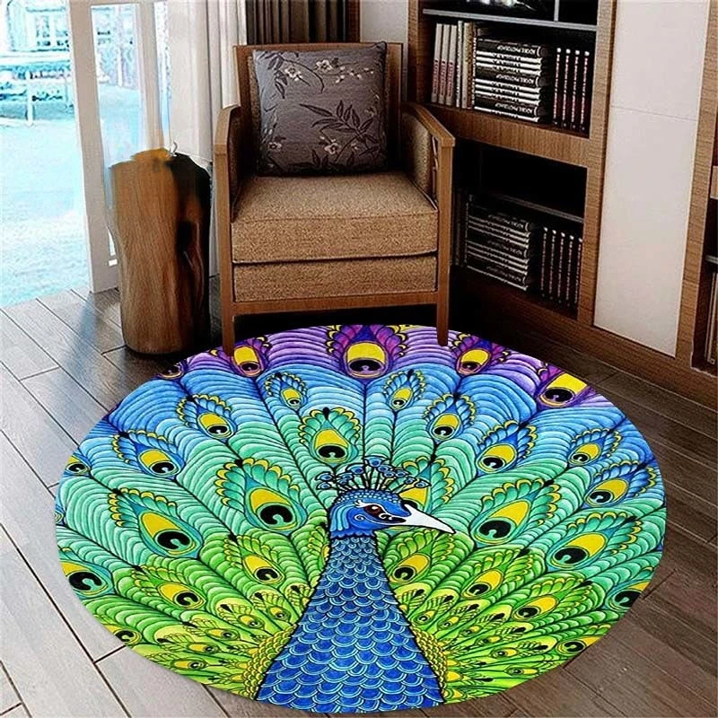 

Animal Peacock Feather Round Carpet Bedroom Non-slip Carpet Living Room Kitchen Floor Mat Bedroom Room Children's Room Floor Mat