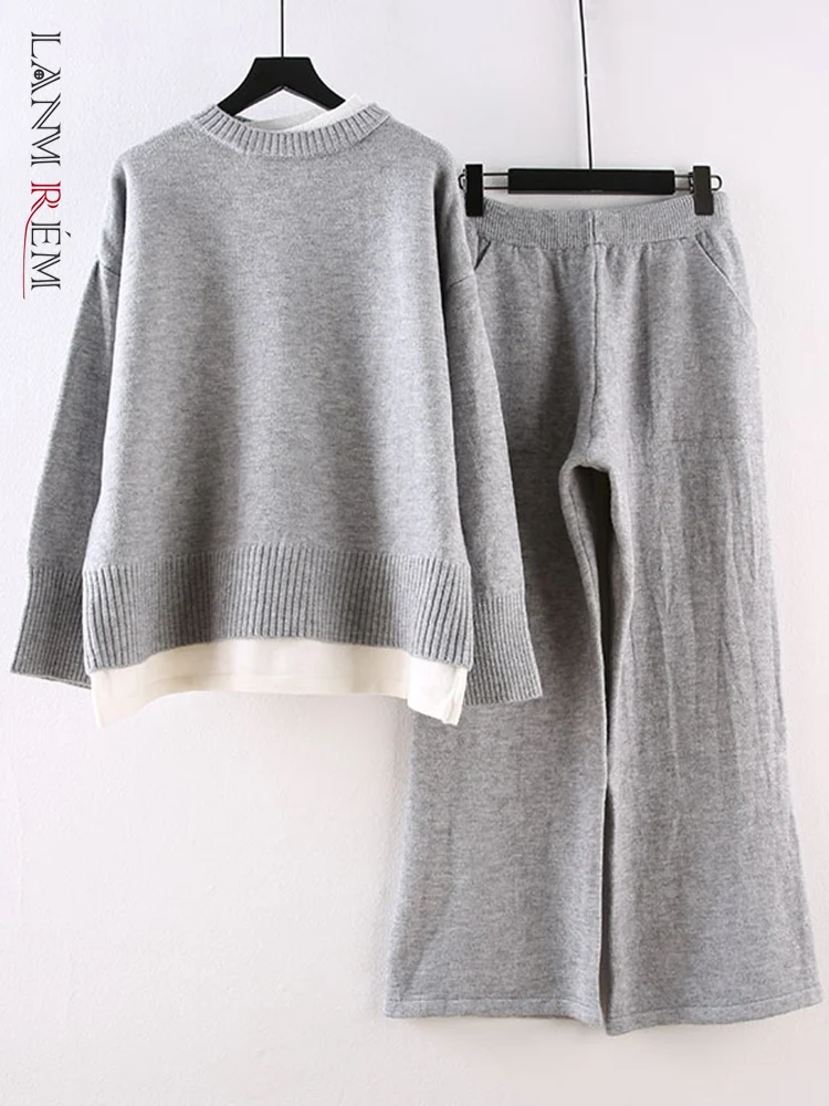 

LANMREM Fashion Knitted 2 Pieces Set For Women Long Sleeves Patchwork Contrast Color Tops High Waist Wide Leg Pants 2023 32D524