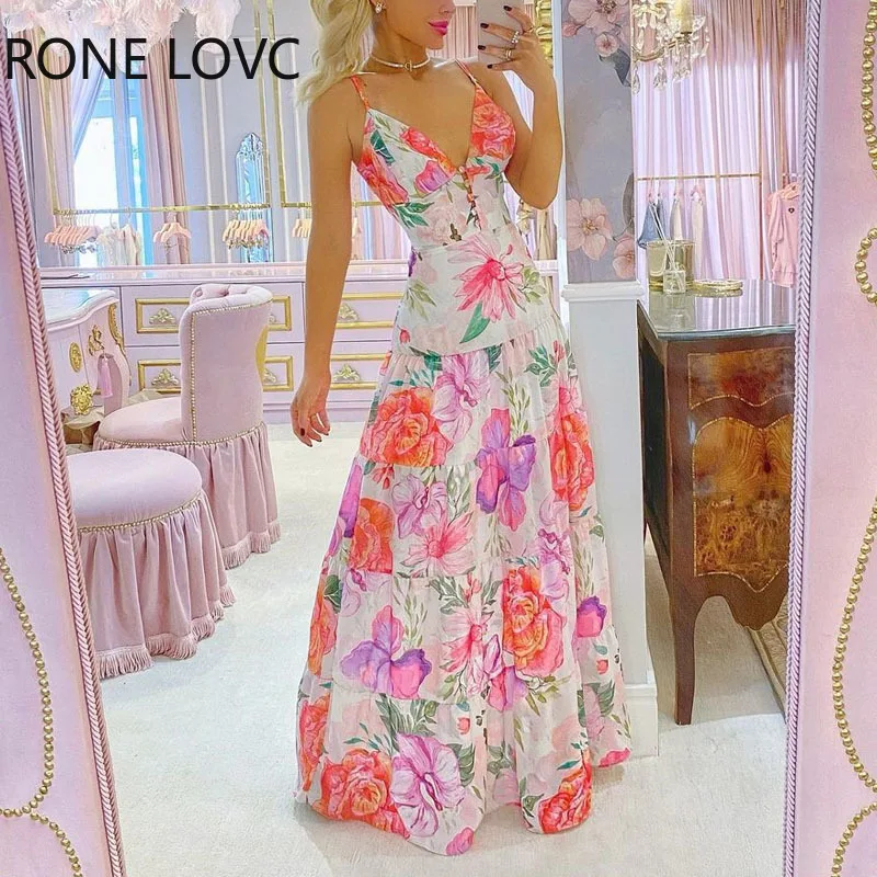 

Women Elegant Spaghetti Straps V Neck All Over Print Floral Pattern Maxi Party Sexy Vacation Dress