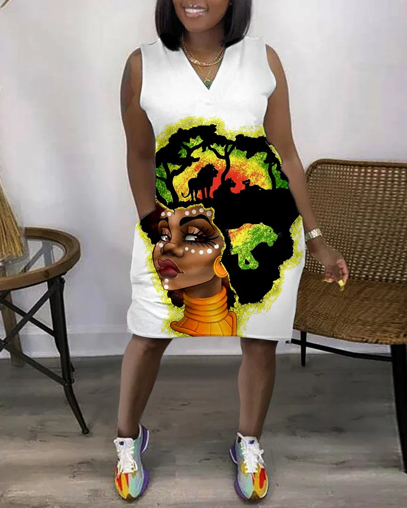 

2023 Summer Women Fashion Dress Sleeveless Sexy Elegant V-Neck African Dress Midi Casual Harajuku Dresses Party Evening Street