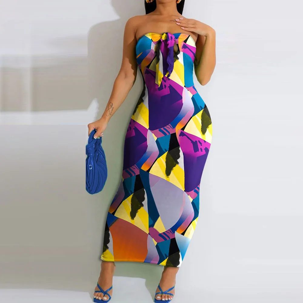 

2023 Women Summer Strapless Dress Casual Female Sexy Midi Sleeveless Off Shoulder Tie Dye Print Tube Top Long Slim Party Dress