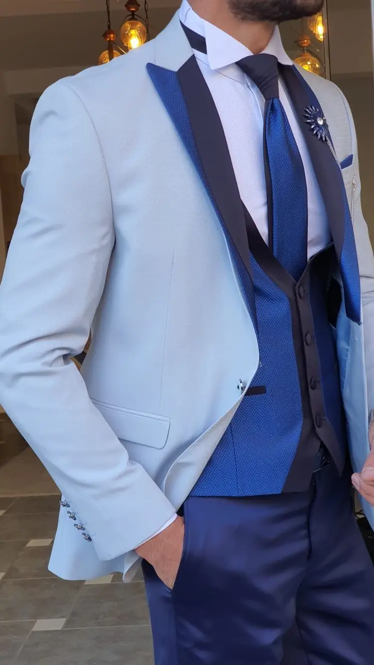 

Slim Fit Pearl White Men Suit Smart Business 3 Piece Patched Lapel Jackets For Men Wedding Groom Blazer Sets Waistcoat + Pants