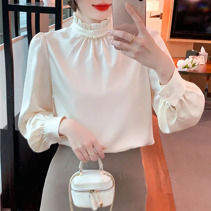 Модная Новая женская блузка с длинным рукавом и бисером повседневная офисная