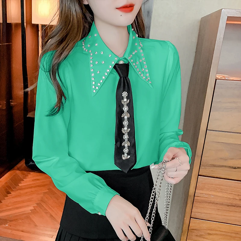 Женская шифоновая блузка с длинным рукавом однотонная летняя отворотом и