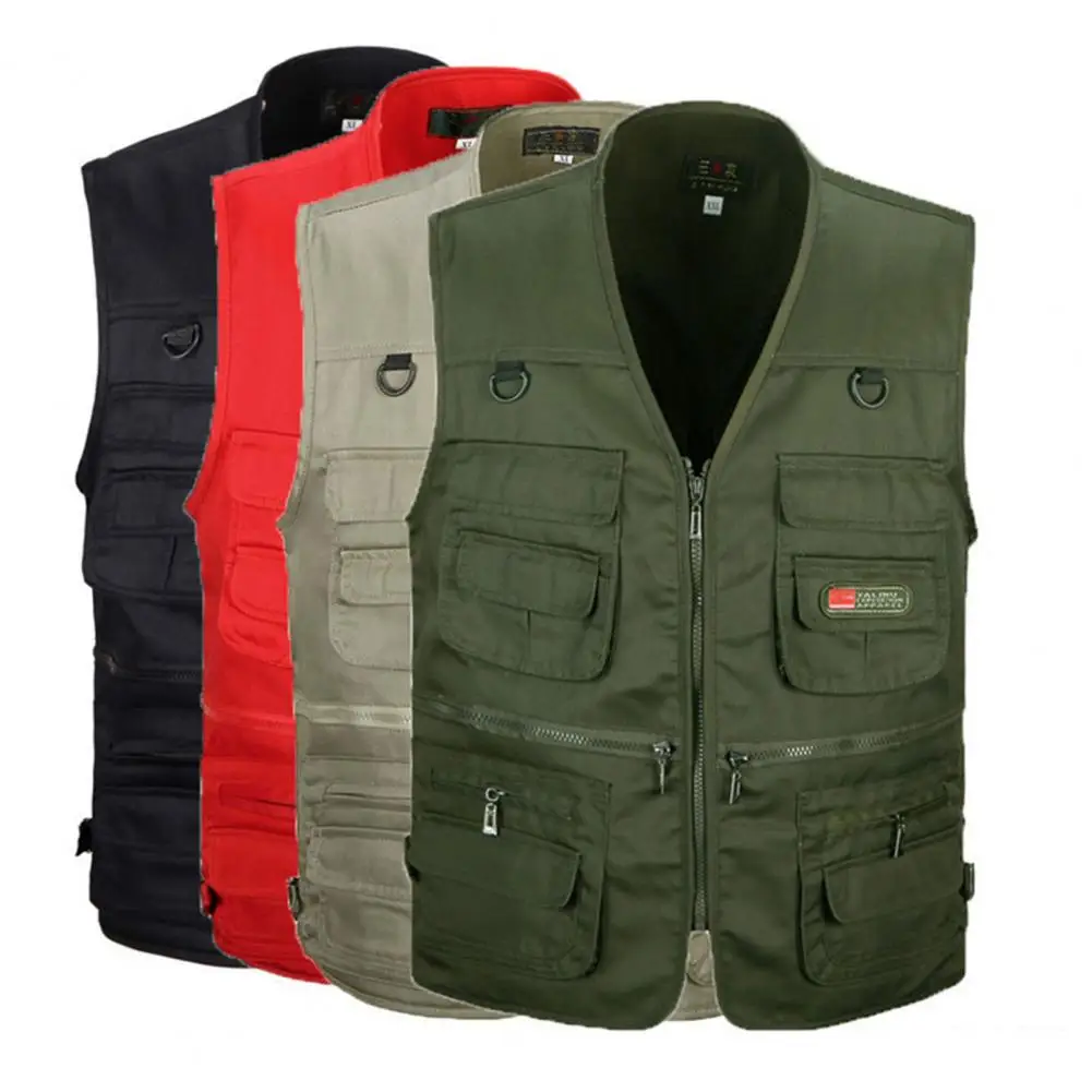

Chic Men Vest Zip Up Waistcoat Solid Color Pure Color Men Vest Multi Pockets