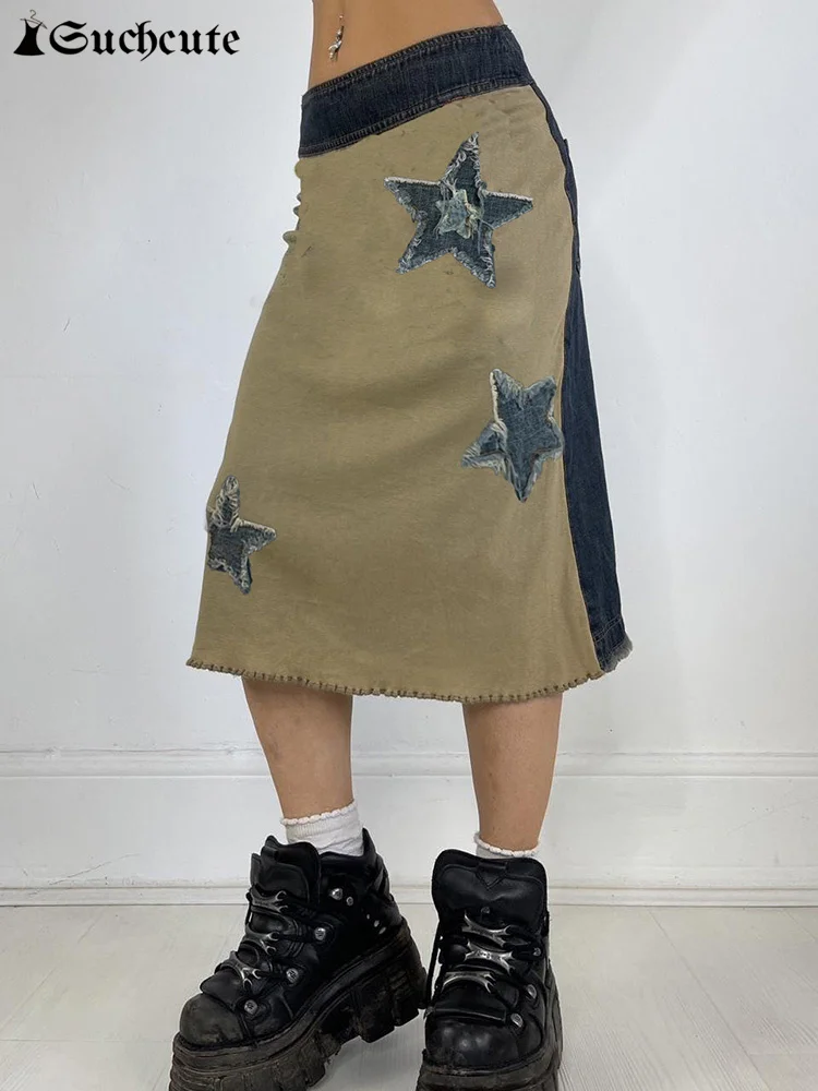 

SUCHCUTE y2k Denim Star Patchwork Maxi Skirts Grunge Harajuku Low Waist Straight Long Skirts Vintage Khaki Split Clothes Street