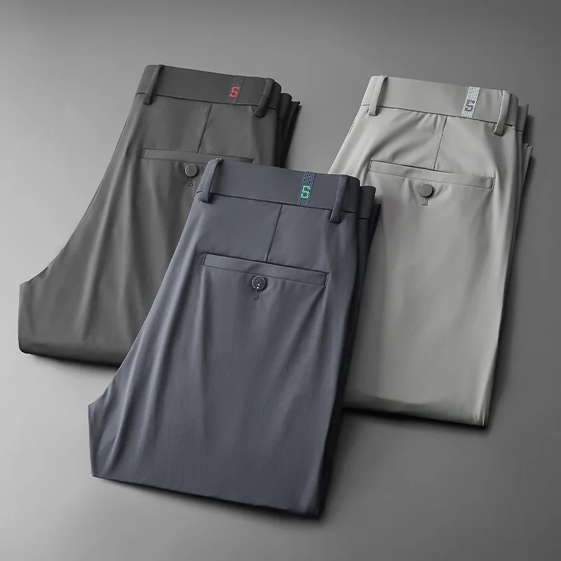 

Ice Silk Summer Casual Pants Mid Straight Fit Thin Breath Men Trousers Comfortable Light Elastic Formal Dress Suit Pants