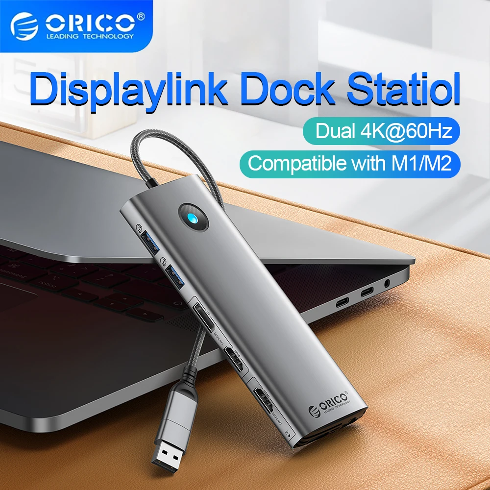 

ORICO DisplayLink Docking Station Type USB C 3.0 to 4K60hz HDMI-Compatible DP PD100W SD Hub Adapter For Apple M1 M2 Windows Mac