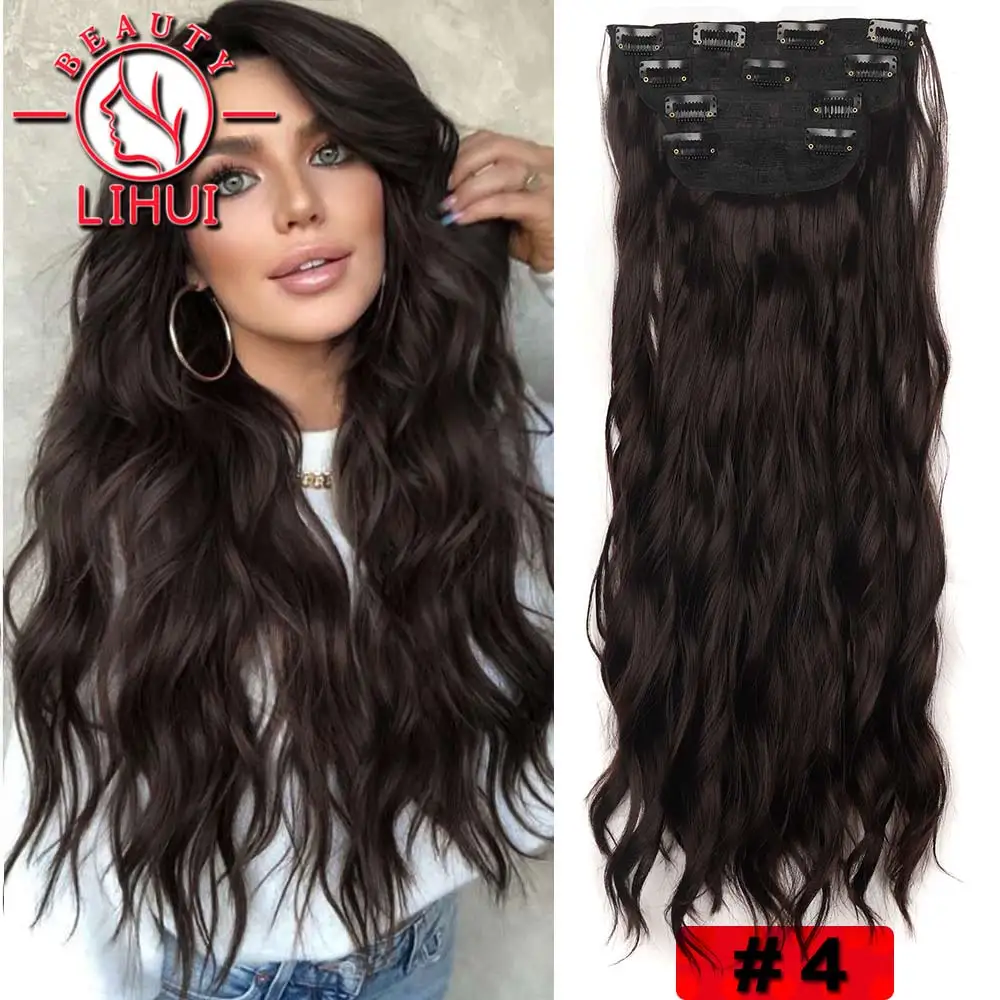 

Lihui Long Dark Brown Wavy 4PCS Thick Hairpieces Clip in Synthetic Hair Extensions Natural Hair Extensions 20" For Women
