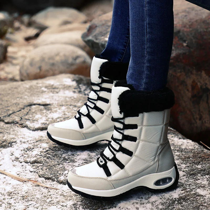 Women Snow Boots  Cotton Shoes PU Thick Warm Non Slip Round Shape Flat Large Size High Gang