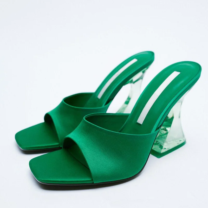 

2022 Latest Summer and Autumn Women's Green Shoes Silky Wide Band Transparent High Heel Comfortable Green Sandals Heels