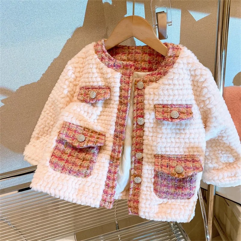 

Детское пальто для девочек, куртка, верхняя одежда, теплая бархатная утепленная Зимняя шерстяная куртка из искусственного меха, уличная фли...