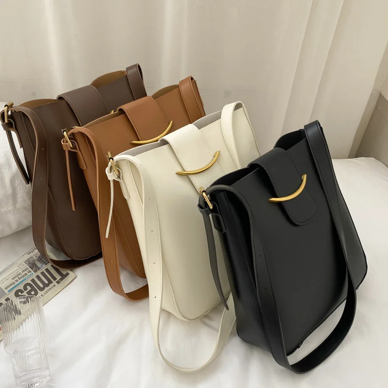 

Ladies PU Leather Shoulder Handbag Solid Color Vintage Large Capacity Bucket Messenger Bag Women Crossbody Purse Pouch
