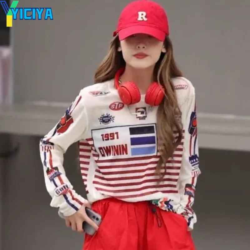 

Футболка YICIYA y2k женская, топ из тонкой сетчатой пряжи, футболки большого размера, футболка с длинным рукавом, футболки, одежда, футболка 2023