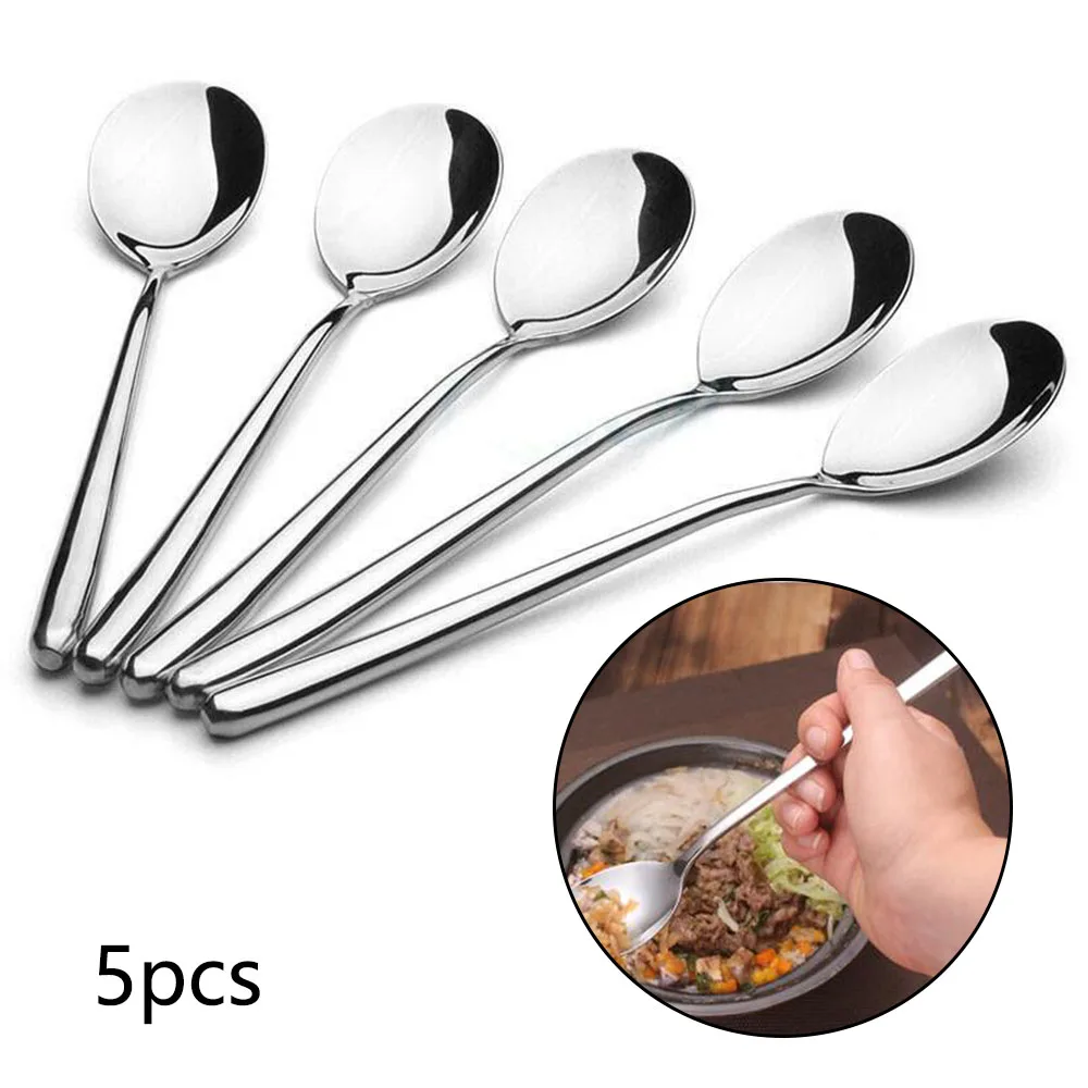 5pcs Silver Dinnerware Stainless Steel Spoons  Rice Salad Cereal Chili Desserts Tableware Spoon For Household Kitchenware