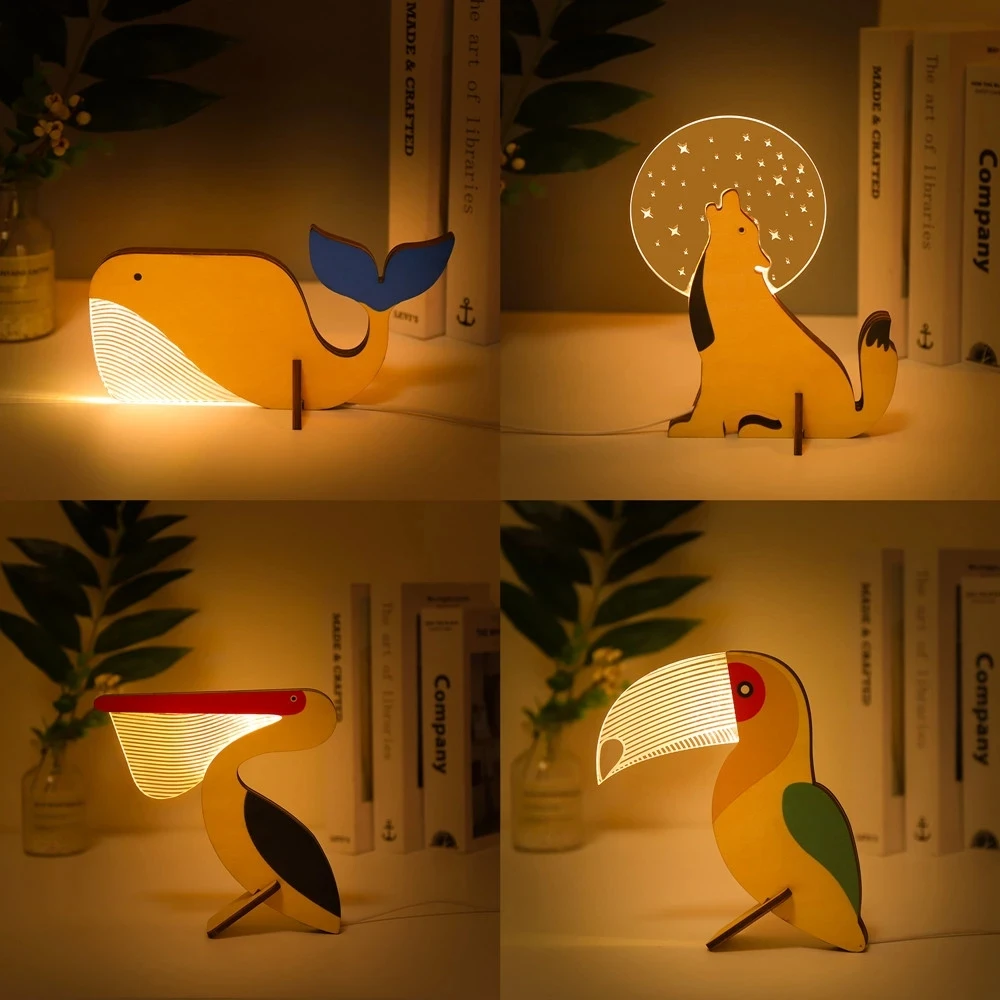 

New Animals LED Night Light Wood Acrylic Table USB Lights Decorate for Children Baby Kids Bedside Lamp Whale Peacock Wooden
