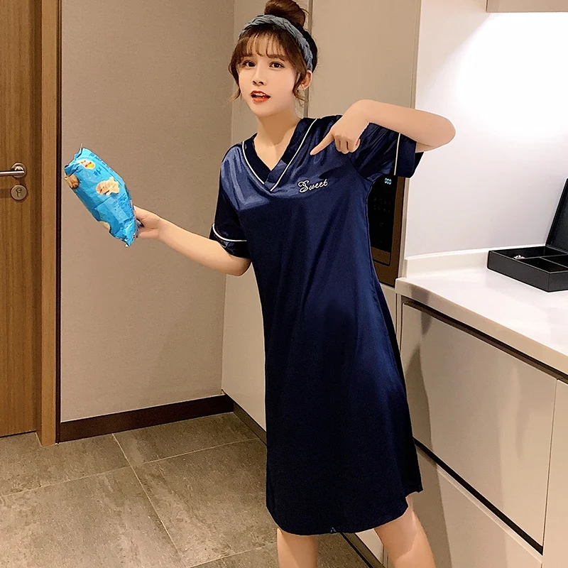 2022 Summer Plus Size Short Sleeve Sexy V-neck Silk Satin Nightgowns for Women Cute Sleepwear Nightdress Night Dress Home Nighty