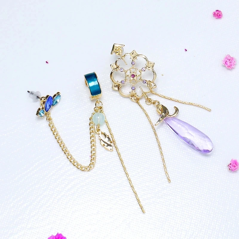 Genshin Impact Scaramouche Earrings Wanderer Kunikuzushi Cosplay Women Chain Pendant Ear Clips Studs Balladeer Jewelry Gift