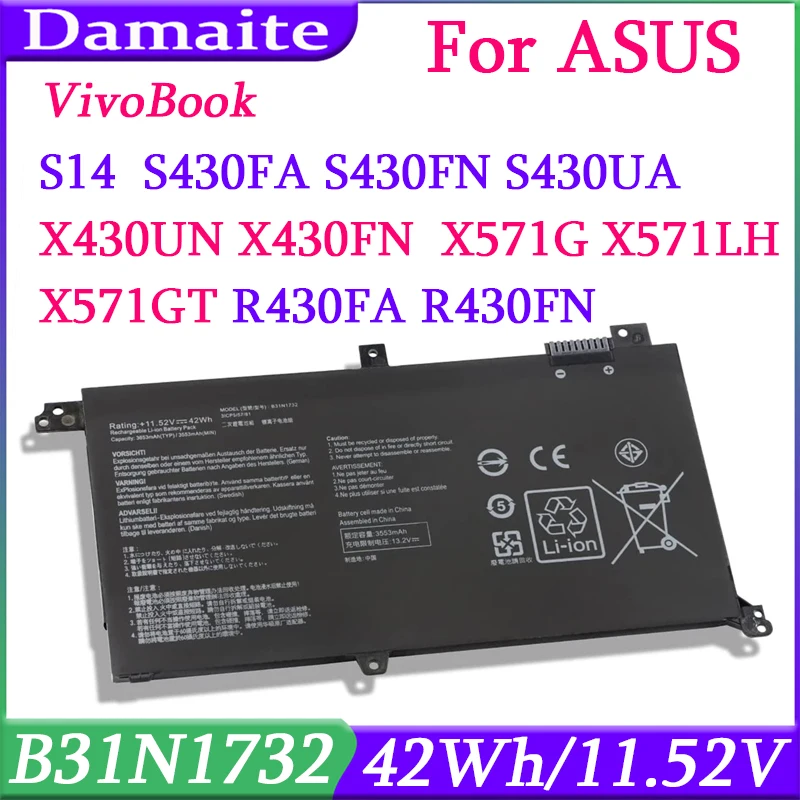 Batería ASUS VivoBook Serie X571 Batería B31N1732 Compatible Con ASUS VivoBook X571GD, NX571LH, RX571GT Y Más - 11.52V 3653mAh - Nueva Batería Compatible ASUS 42Wh - 10