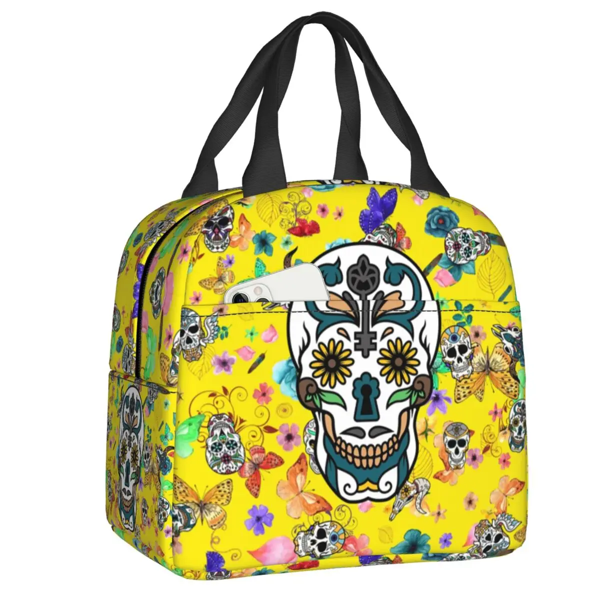 

Sugar Skulls Day Of The Dead Lunch Box for Women Colorful Skeleton Gothic Cooler Thermal Food Insulated Lunch Bag Office Work