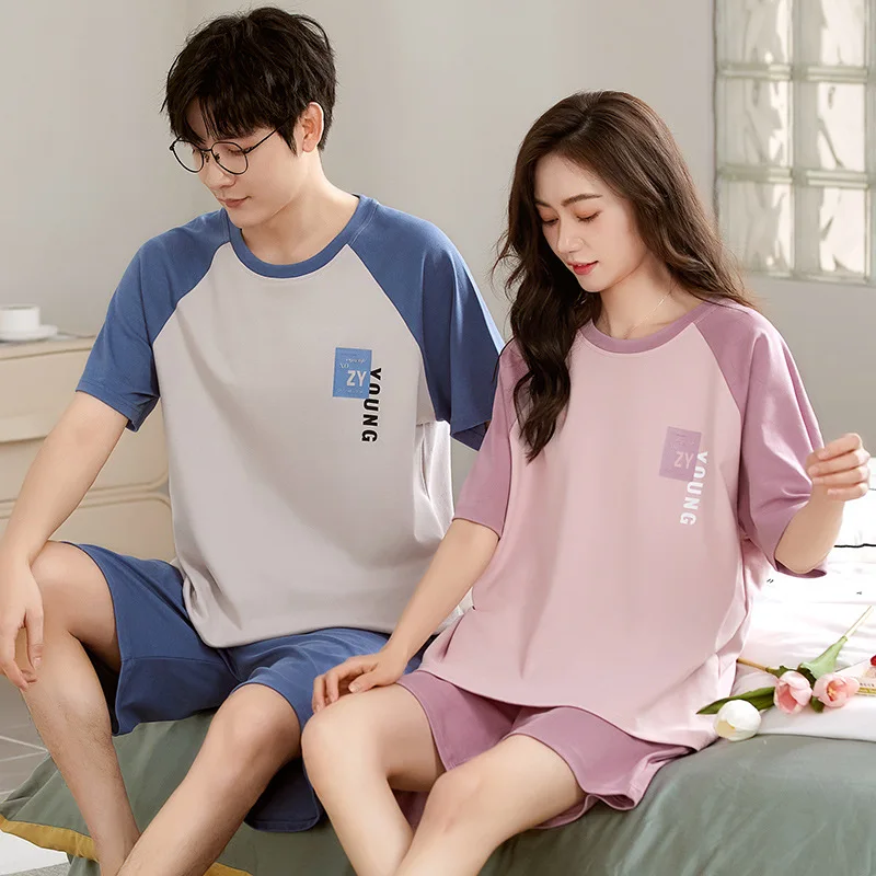 2023 Short Sleeve Sleepwear Couple Men and Women Matching Home Set Cotton Pjs Cartoon Prints Leisure Nightwear Pajamas for Summe