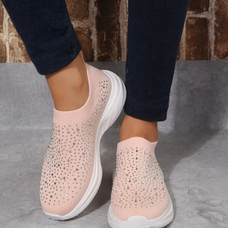 Knit Mesh Crystal Sneakers Women Comfortable Breathable Flats Shoes for Women 2023 Slip on Plus Size Casual Shoes Female