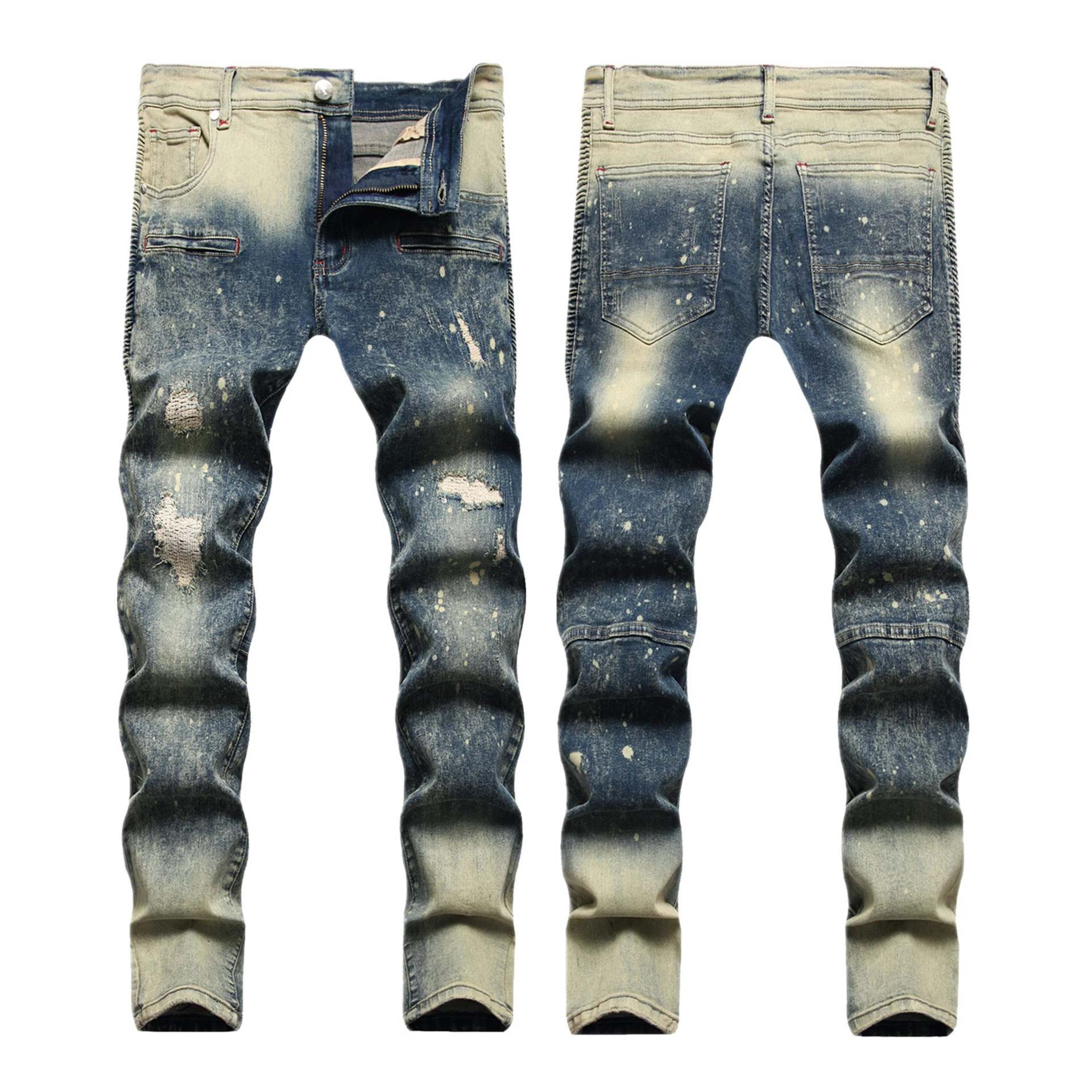 Mens High Quality Vintage Painting Distressed Stretch Jeans Trousers Ripped Slim Biker Denim Cotton Pants Designer Jeans for Men