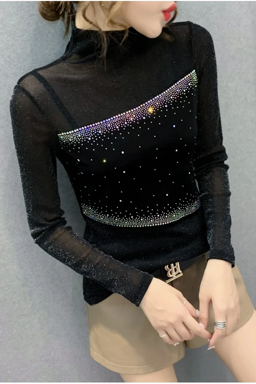 Underwear Blouse Women's 2022 New Long-Sleeved T-shirt Gauzy Stitching Tops Fashion Heavy Embroidery Hot Drilling Western Style images - 6