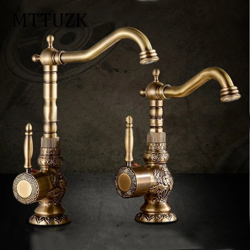

Vidric Deck Mounted Single Handle Bathroom Faucet Basin Carved Faucet Antique Brass Hot and Cold Mixer tap 360 degree rotating