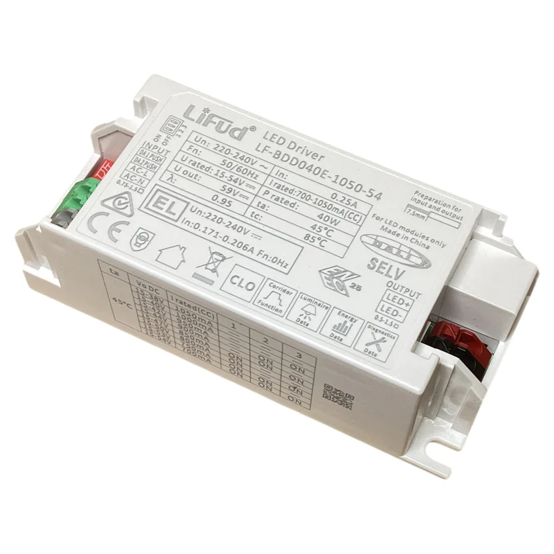 Фото Компактный светодиодный драйвер Lifud 40W max с DALI-диммированием, встроенный, CC PUSH Dimming 700mA 800mA 900mA LF-BDD040E-1050-54 EL CorridorDIM CLO №1