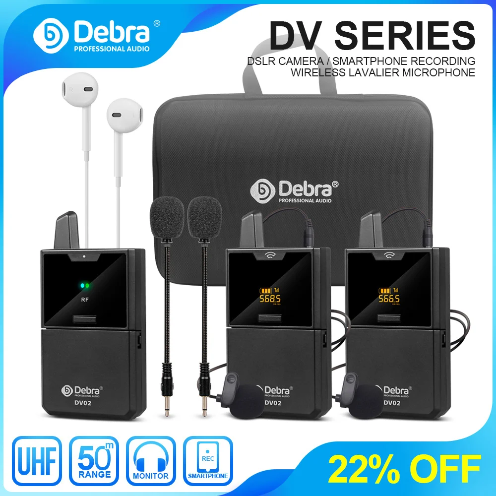 Debra Audio DV UHF Wireless Lavalier Microphone with Audio Monitor 50M Range For Phones DSLR Cameras Live Recording Interview