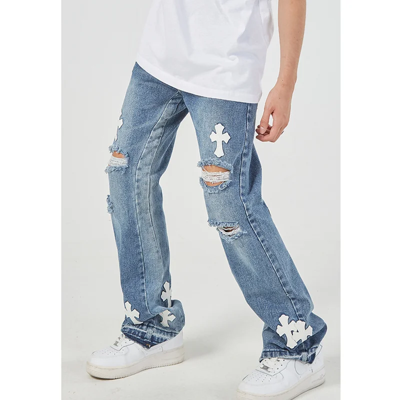 Streetwear Men Vintage High Street Cross Veneer Ripped Jeans Straight Cylinder Micro Horn Sense of Design Trousers Autumn Female