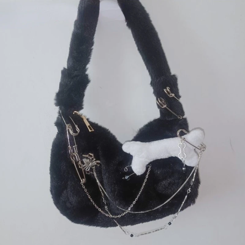 Xiuya Y2k Gothic Shoulder Bag Black Bone Spider Chain Soft Plush Handbag American Style Punk Cool Fasnion Designer Underarm Bag