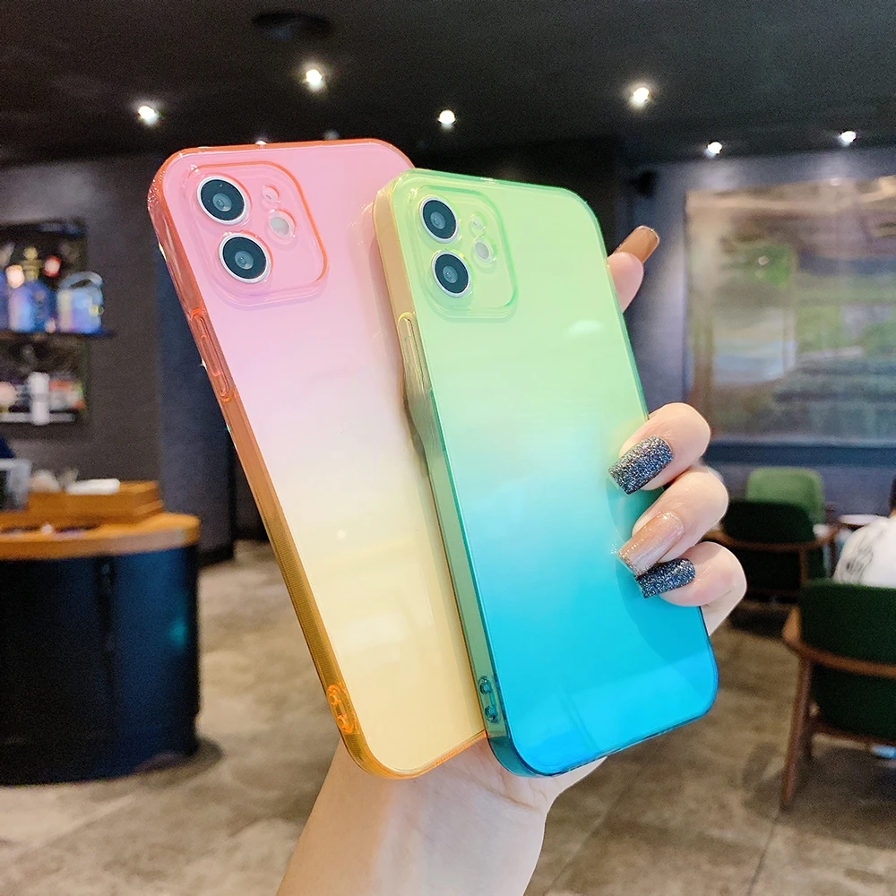 

Free Shipping For iPhone 13 12 11 Pro XS Max X XR SE 2020 7 8 Plus Clear Soft Back Cover Thin Shell Square Gradient Silicone Ph