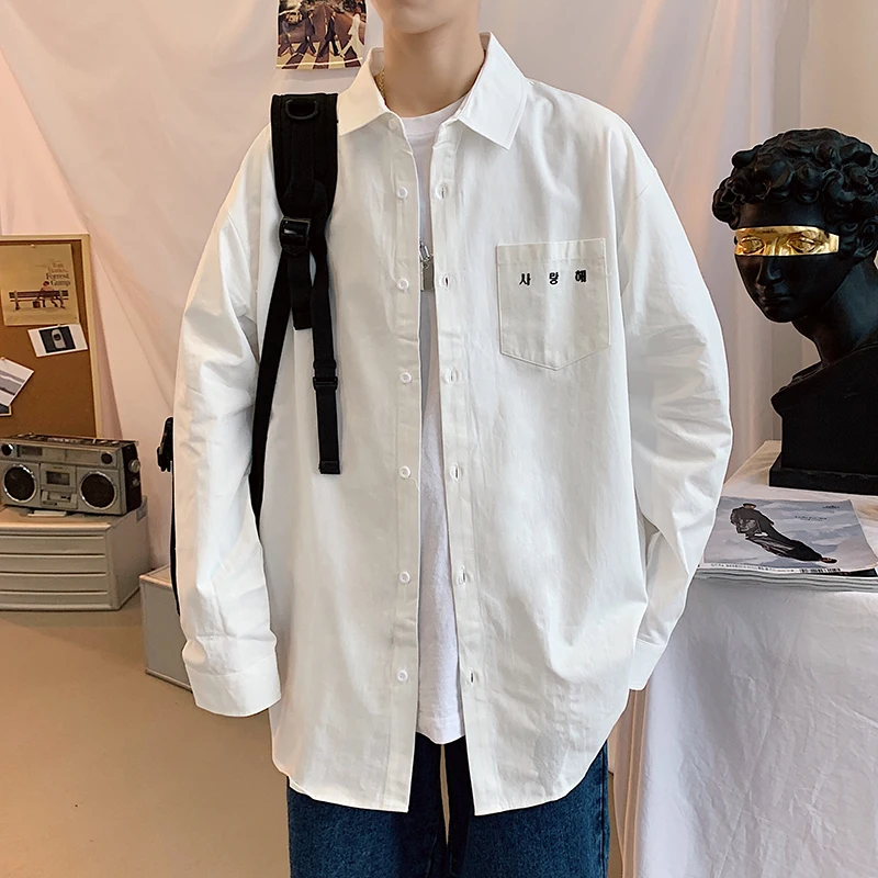 

Autumn Men's Button Shirts White Shirt for Men Wear Inside Shirts Korean Males Shirt College Style School Uniform Blouses Up 5XL