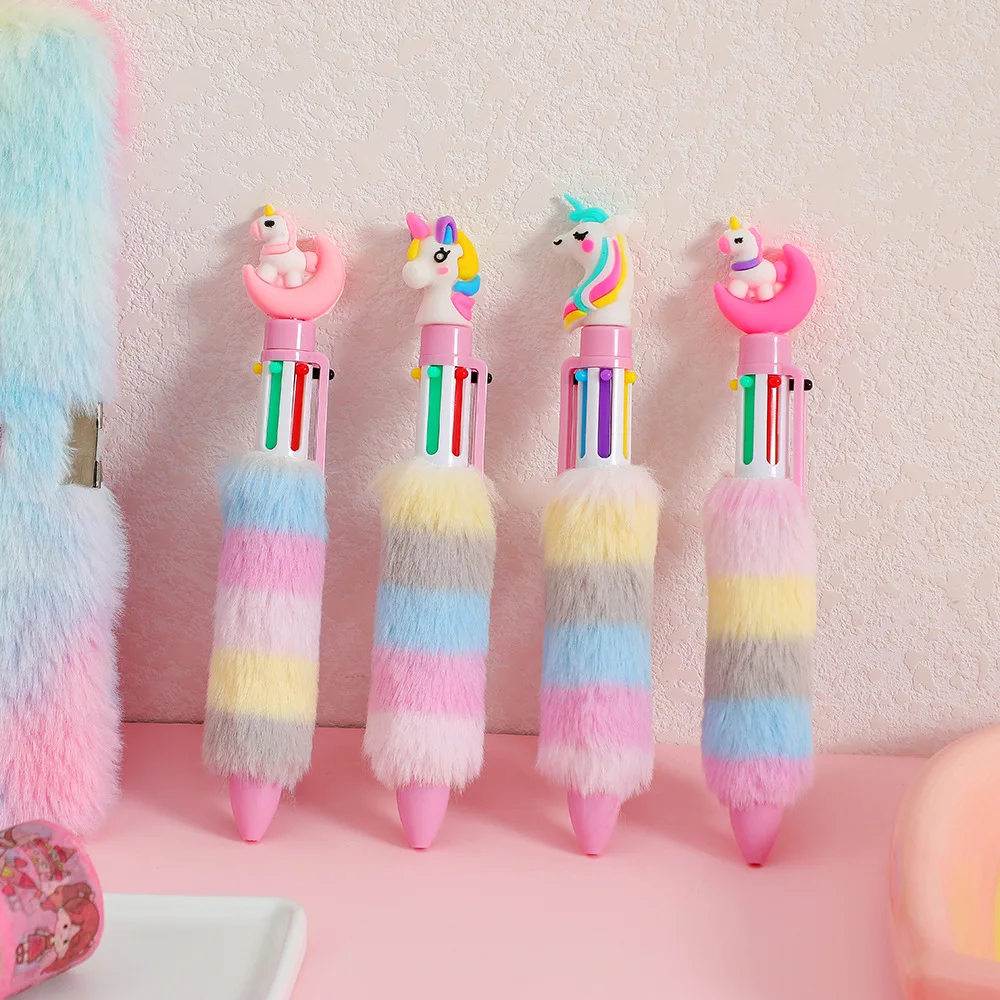 

6 Colors Cute Kawaii Children's Unicorn Plush Ball-point Pen Student Rainbow Gel Pen Fantastic Cartoon Girl Handwriting Gifts