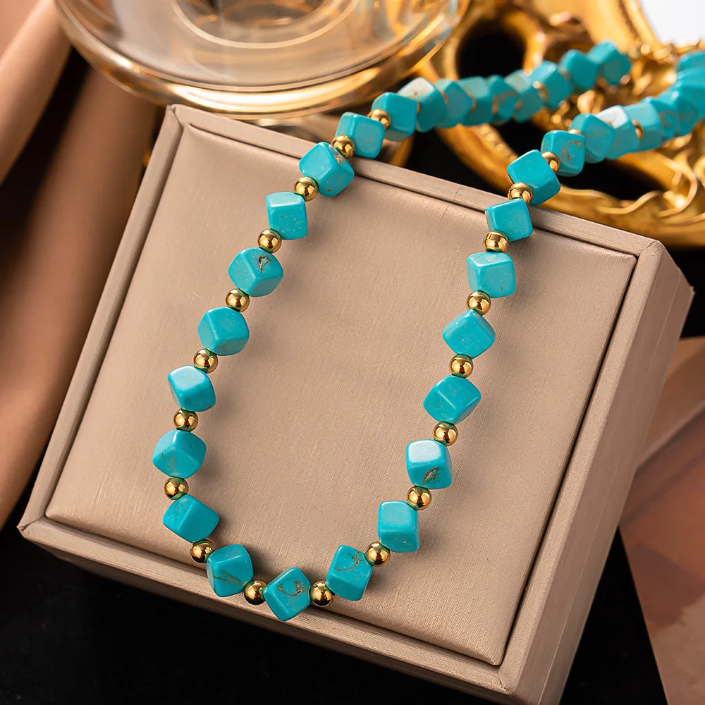 

SITA 316L Stainless Steel Gold Plated Beads Round Oval Cube Turquoise Necklaces for Women Natural Stone Jewelry Party Gift