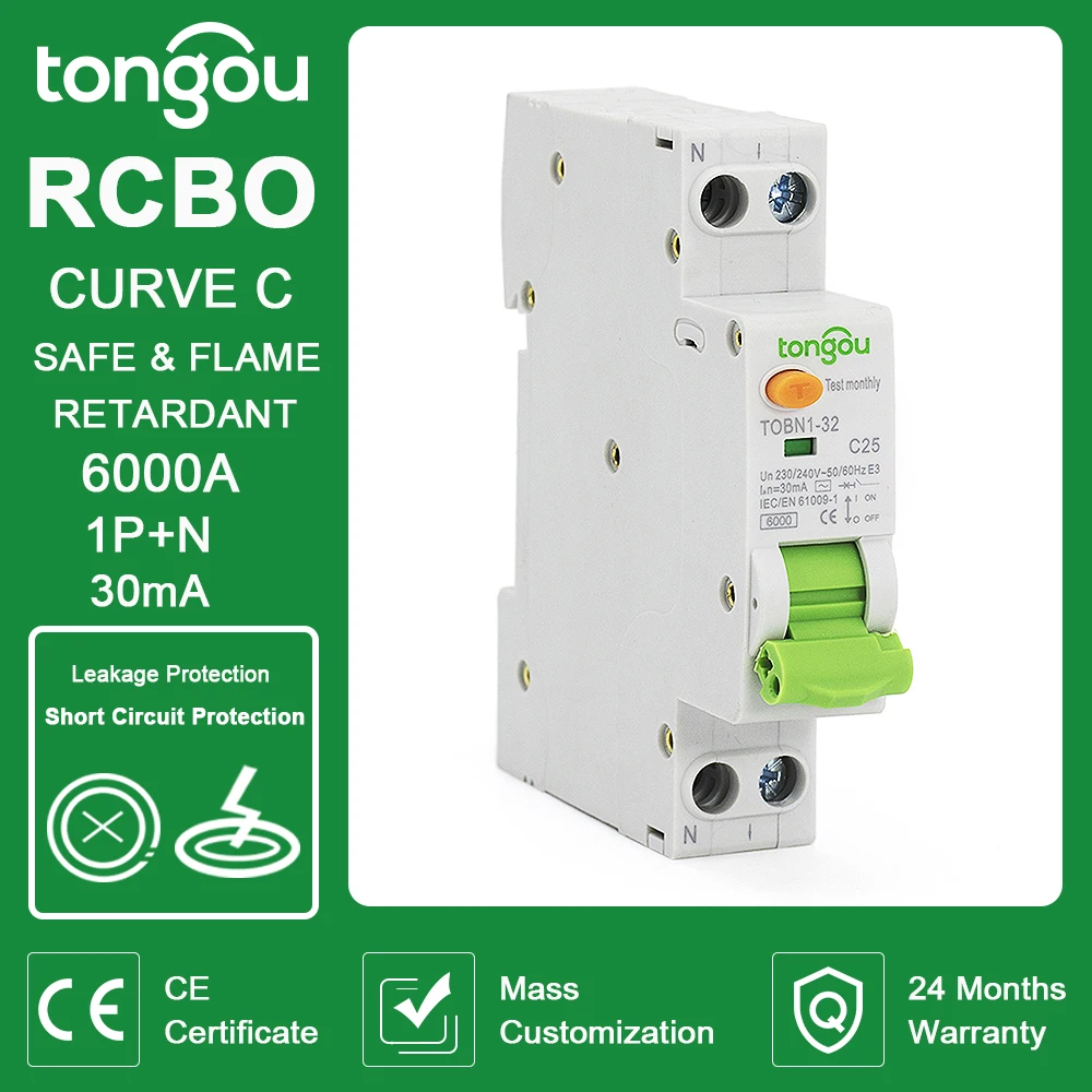 Тип AC RCBO 25A 30mA 6KA 18 мм 1P + N автоматический выключатель остаточного тока с